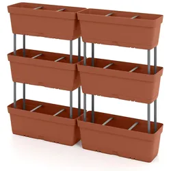 COSTWAY 6 Stück Blumenkästen 49cm lang, Pflanzkästen mit Drainage, vertikales Hochbeet, Blumentöpfe Kunststoff Braun