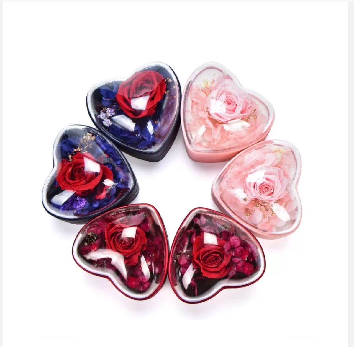 INF Herzförmige Ringbox mit konservierter Blume für Heiratsantrag, PU+EVA Präsentationset für Ringgeschenke Rosa