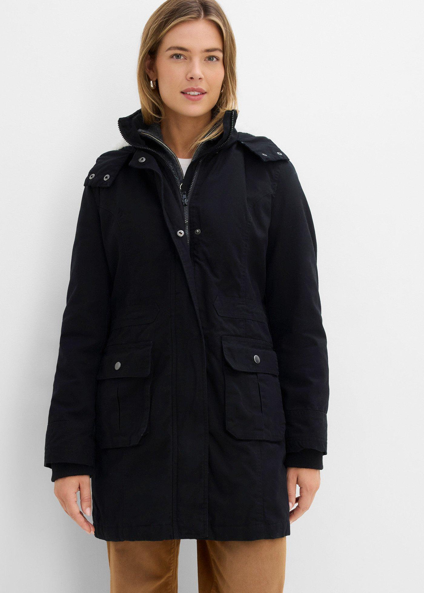 bonprix Wattierter Baumwoll-Parka, schwarz, Gr.46, Alltagstauglicher Parka mit Kapuze und Wattierung, aus 100% Baumwolle