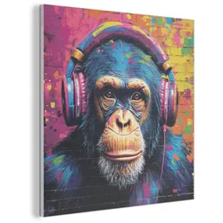 AKUSTIKBILD Graffiti - Schimpanse - Straßenkunst - Kopfhörer - Affe Wandbilder 60x60 cm
