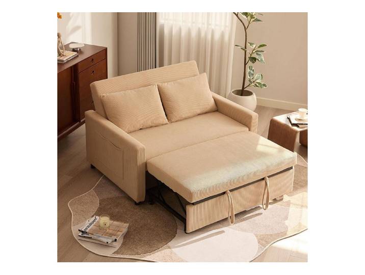 LuxusKollektion Schlafsofa Schlafsofa 2Sitzer 3in1 Cordstoff Rückenlehne Seitentaschen Hellbraun