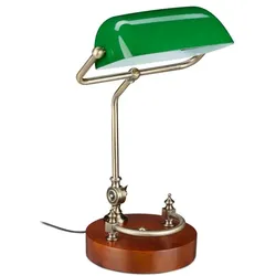 Relaxdays Bankerlampe mit grünem Schirm Braun,Dunkelgrün,Gold