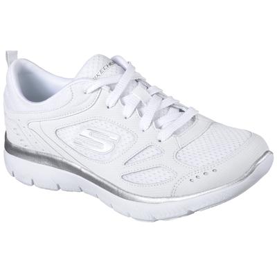Sneaker SKECHERS "SUMMITS-SUITED", Damen, Gr. 42, Textil, silber (weiß, silberfarben), Leder, Textil, Schuhe Sneaker, Freizeitschuh, Trainingsschuh, Schnürschuh mit weicher Polsterung, Topseller