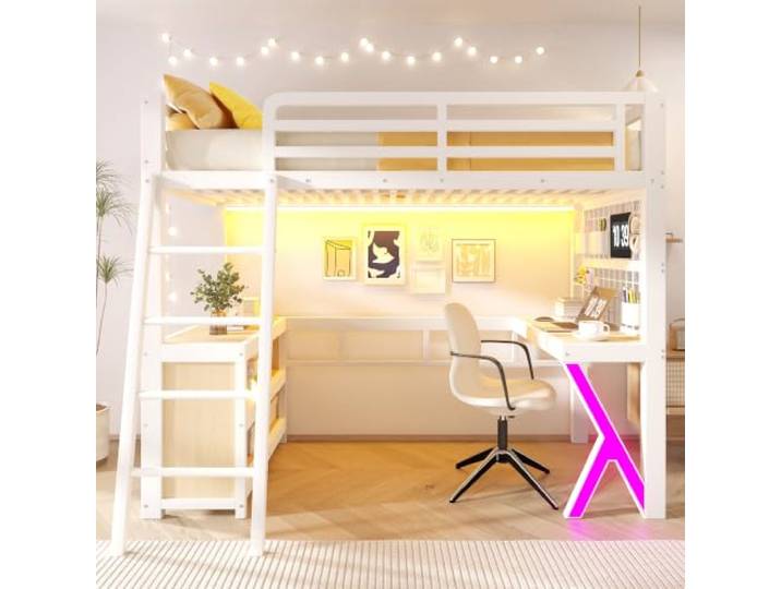 BTM Hochbett Jugendliche 90x200 mit Stauraum, Schreibtisch & LED Weiß
