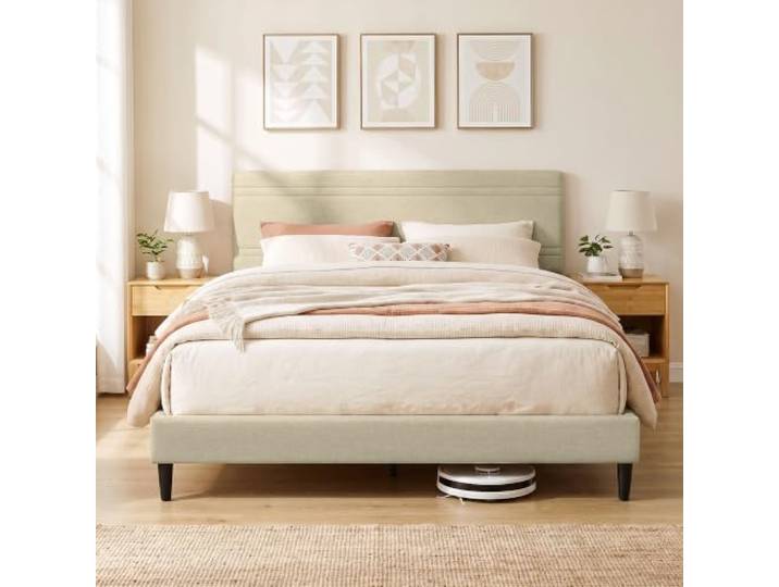 HOMCOM Bettgestell 160x200cm mit Holzlatten, Doppelbett, Beige Gepolsterter Leinen-Effekt, Stahlrahmen, 9 stabile Beine, geräuschlos, 360kg Belastbarkeit, einfacher Aufbau