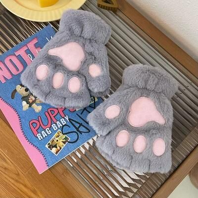 Uplift Picks Cute Plush Cat Paw Gloves Fingerless Fluffy Claw Mittens For Cosplay & Winter Warmth gray