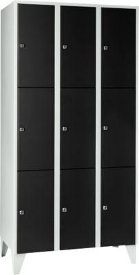 Wertfachschrank 300 mm, 3 Abteile, 9 Fächer, Sicherheitszylinderschloss, Fuß, tiefschwarz