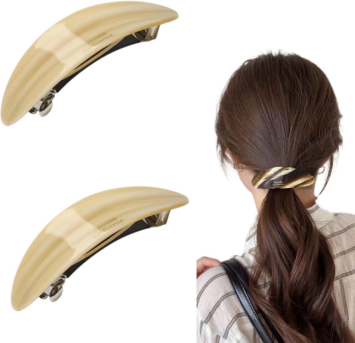 INF Französische ovale Feder-Haarklammern, 2er-Set — PC mit hoher Schlagfestigkeit für sicheren Halt von Pony und Half-Up-Stilen Beige
