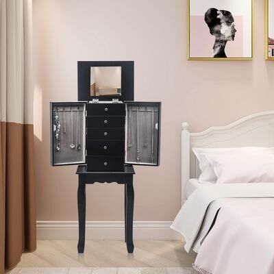 Zimtown 4 Drawers Jewelry Armoire with Mirror Jewelry Cabinet Chest 6 Necklace Hooks
