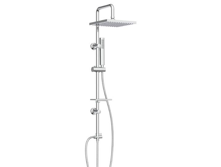Stangenbrause-Set WELLTIME LINA , silber (chromfarben, eckig), H:105cm T:34cm, Messing, Brausegarnituren, Stangenbrause-Set, Überkopfbrause mit Seifenablage, 20 cm Kantenlänge.