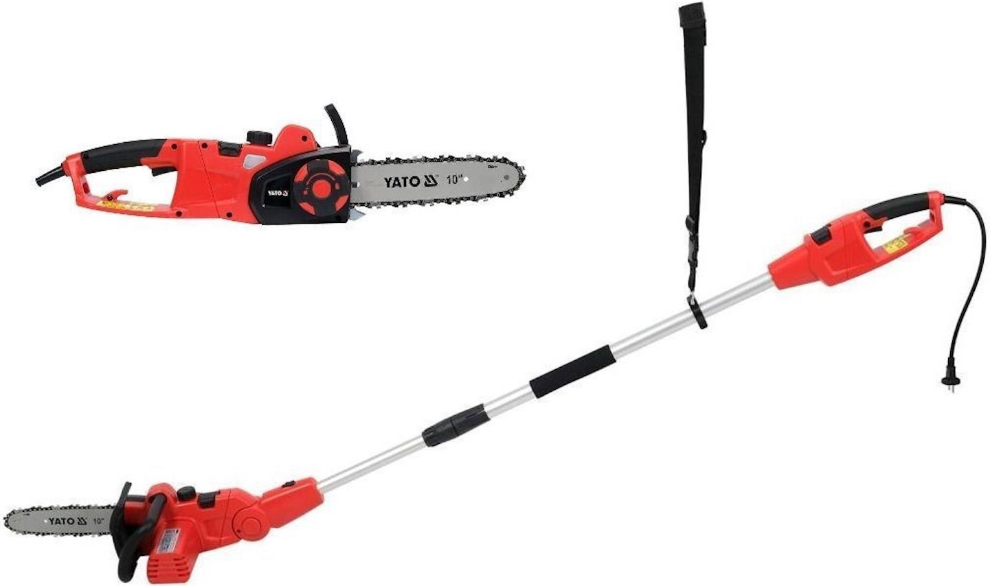 YATO Elektrische kettingzaag 750 W met telescopische verlengstang en hooggeplaatst zaagblad