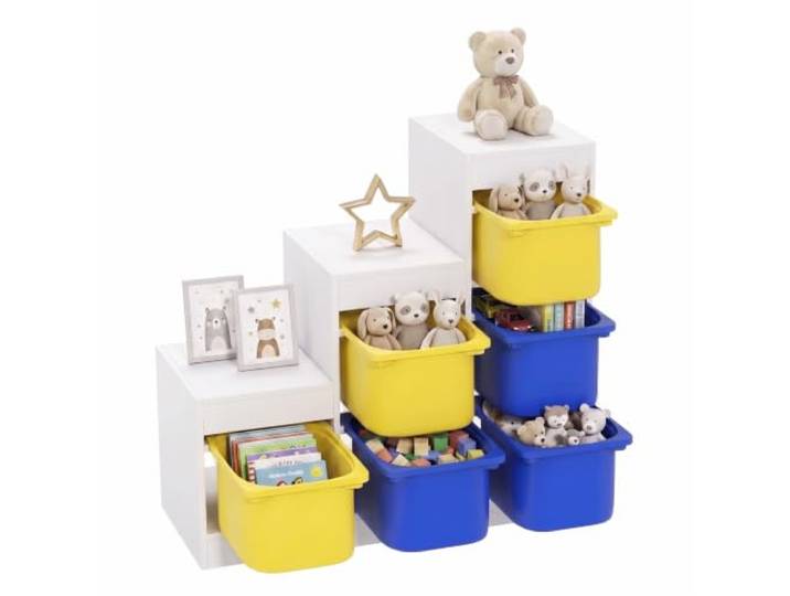Qaba Spielzeug-Organizer mit 6 Kunststoffboxen für 3-8 Jahre Gelb & Blau 3-lagiger Kinder-Spielzeugaufbewahrung, kippsicher, Lernzimmer, Spielzimmer