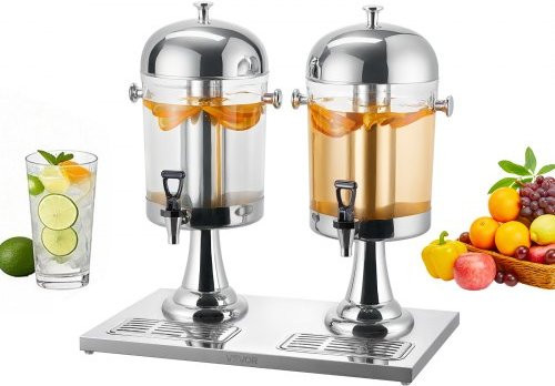 VEVOR Drankdispenser 2 x 8 L, Zilver, Roestvrij staal en Polycarbonaat met Druppelvrije Kraan