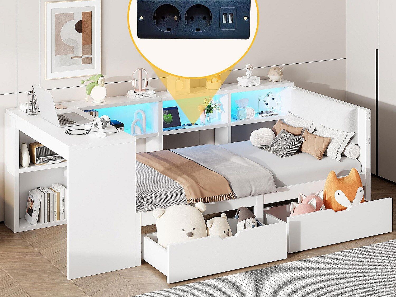 ModernLuxe Kinderbed 90x200cm - met 2 lades en oplaadstation - met gekleurde LED-verlichting - wit (zonder matras)