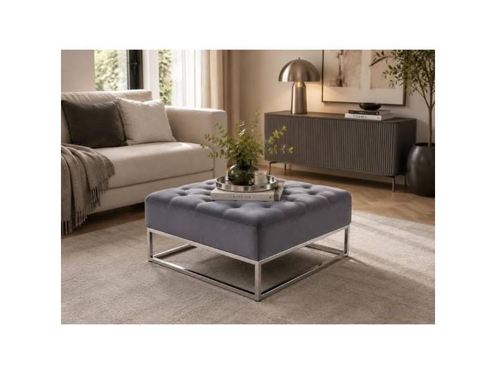Table basse pouf velours gris 80x80 cm - CAPITONNE