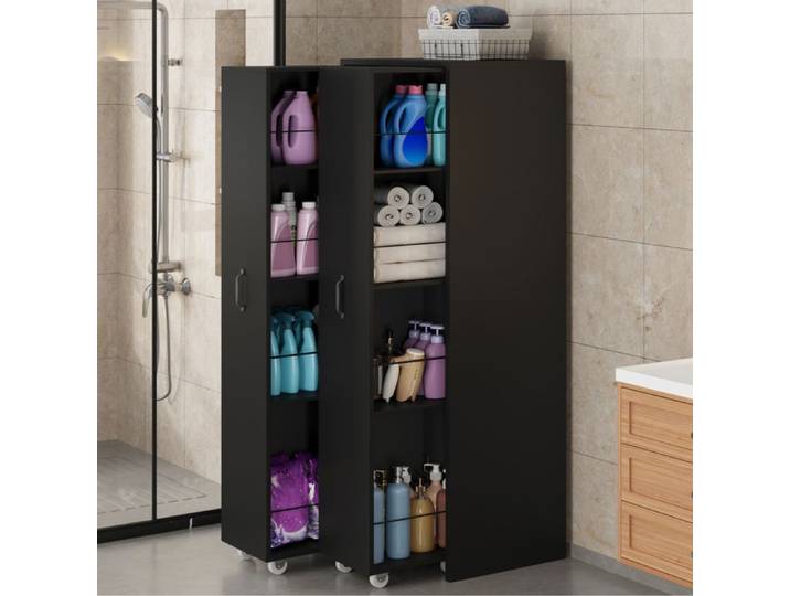 Bibliothèque étagère extensible sur roulettes 4 niveaux MDF noire réversible gauche/droite