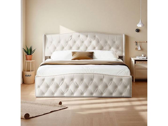 Lit 160x200 cm - DRELYGWEA - tissu en velours - sommier - cadre de lit adulte 160x200 cm - blanc cassé
