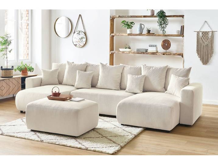 Canapé panoramique convertible coffre ENVY Velours côtelé avec pouf