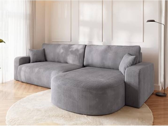 BROMARKT Ecksofa mit Schlaffunktion Kissen und Bettkasten L-Form Hellgrau Wohnlandschaft für Wohnzimmer freistehendes großes Sofa Eckcouch mit Kissen Cordstoff Sofabett Sofabed BISK