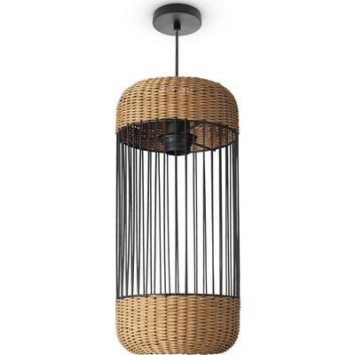 PACO HOME Pendelleuchte "PUSTA", schwarz (holzfarben), Ø 19cm H: 193cm, Leuchten, Rattan Esszimmer Lampe Pendelleuchte Boho Zylinder Rustikal E27, Pendelleuchte