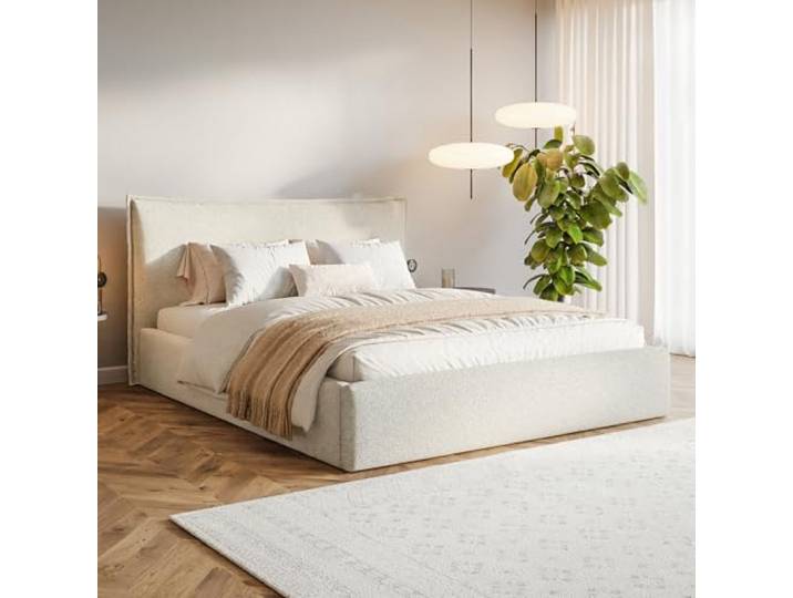 MOTIVENA Leno Bett 160x200 Beige Strukturstoff, mit Stauraum, mit Kopfteil, mit Lattenrost, ohne Füße, ohne Matratze, Polsterbett 160x200 mit Bettkasten Beige (Creme)