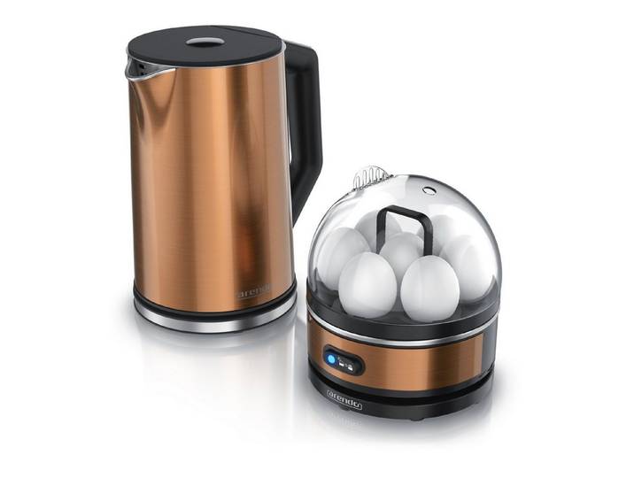 Arendo Frühstücks-Set Edelstahl Wasserkocher 1,5l, 7er Eierkocher, Kupfer (2-tlg), BPA-frei, GS-geprüfte Sicherheit, perfekt fürs Familienfrühstück