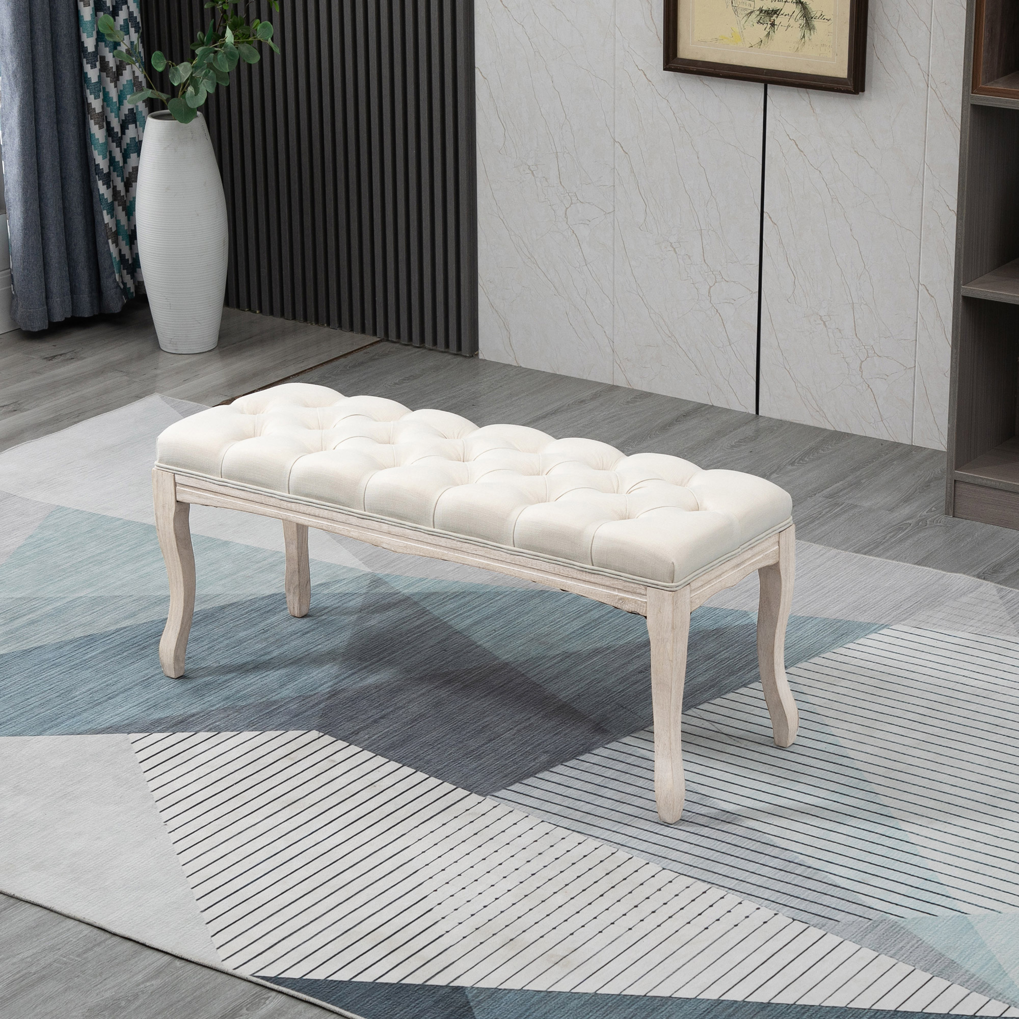 Homcom Panca Fondoletto Vintage con Seduta Imbottita in Tessuto e Gambe in Legno, 110x40x48cm, Beige