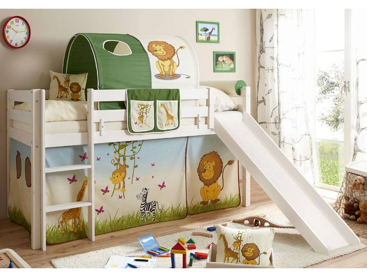 Hochbett TICAA Manuel , weiss (kiefer massiv weiß), B:217cm H:114cm L:205cm, Hochbetten, Hochbett, mit Rollrost, Kiefer massiv natur oder weiss