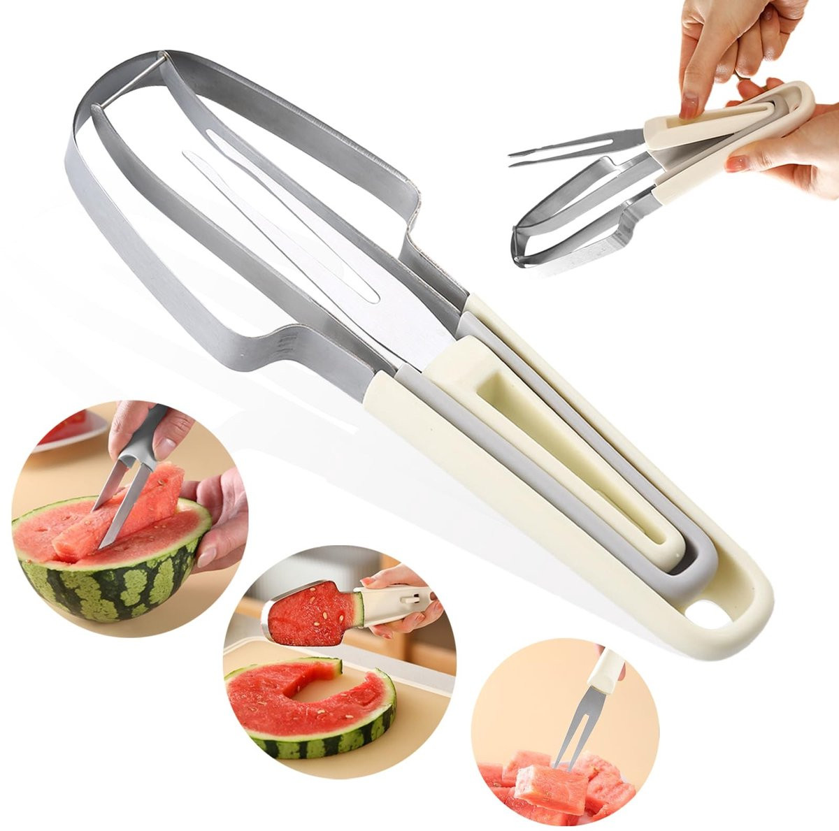 Dailygoods 3-in-1 multifunctionele watermeloensnijder in roestvrij staal en beige/zilver