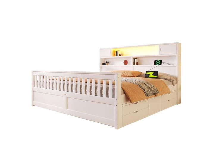 Komhtom Doppelbett 180 x 200 cm mit vier Schubladen, Weiß, Holz, Mode, 180x200 cm, Schlafzimmer, Betten