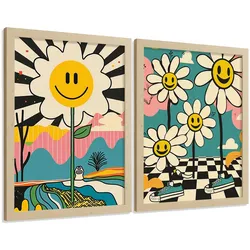 POSTER 4er Kunstdruck-Set Wandbilder Smiley Blume modern Wohnzimmer Deko, Schlafzimmer, Küche, Badezimmer Leichter Holzrahmen A4