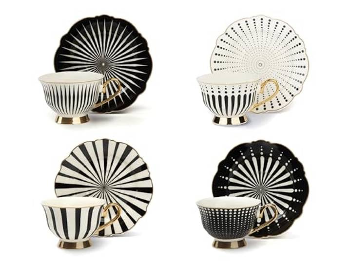 Excelsa Alice Set aus 4 Teetassen mit Untertassen, feines Porzellan, goldener Rand, geometrisches Design