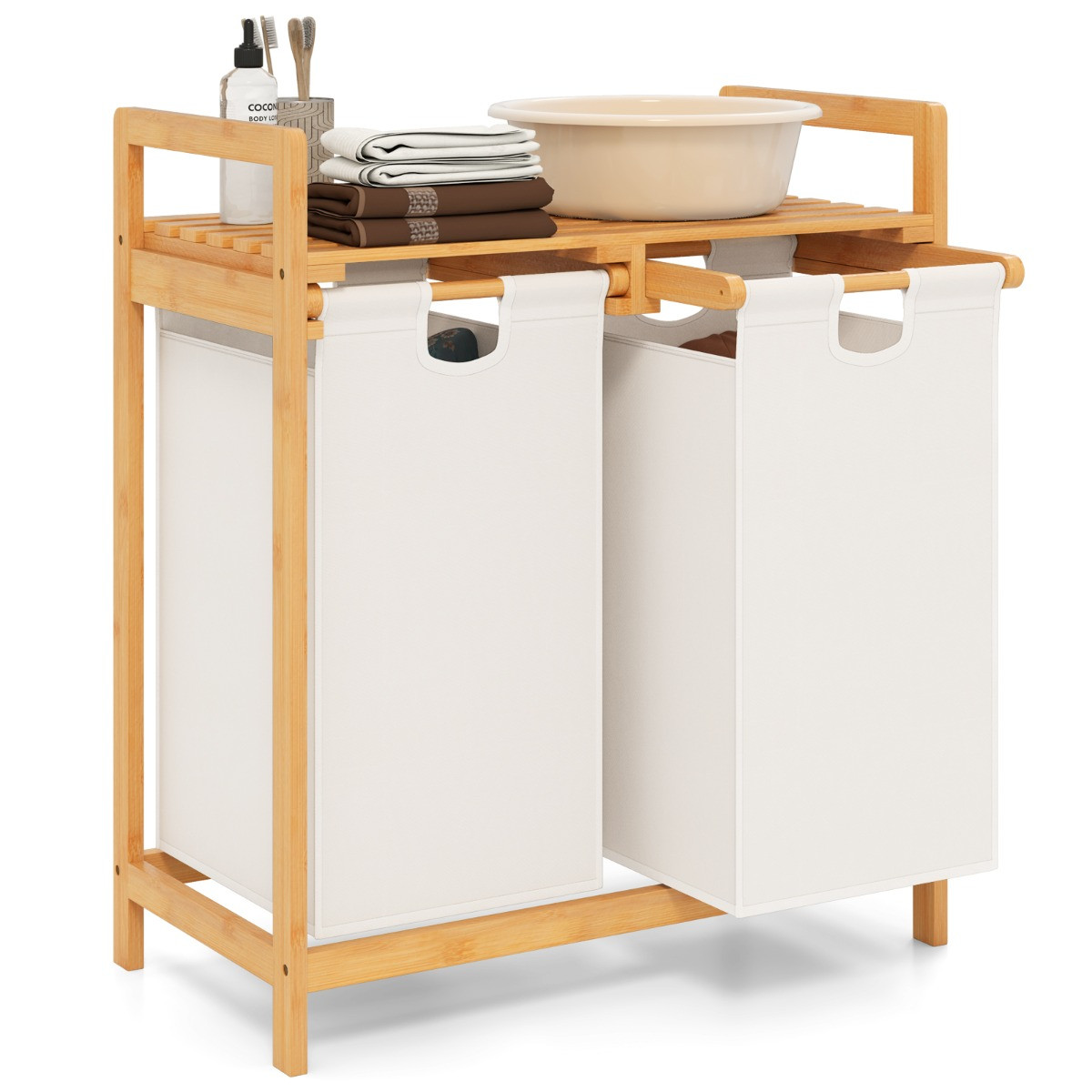 Costway Bamboe Wasmand met Twee Compartimenten en Bovenste Plank, Wit