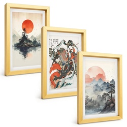 BILDER SET 3er Set - 20x30 cm Goldrahmen - Asiatische Japandi-Malereien