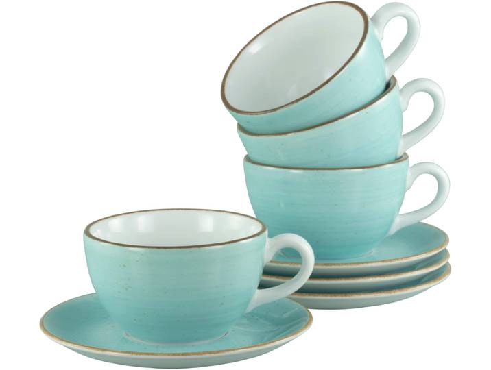 Cappuccinotasse CREATABLE Vintage Nature Aqua, Cappuccino-Set, 8-tlg. , blau, 8 Stk., Porzellan, Trinkgefäße, Cappuccinotasse, Handgemalt, Gesprenkelt, Rustikales Außenband