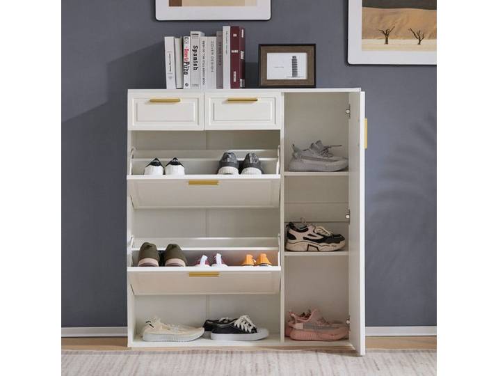 Armoire à chaussures Moderne - avec étagères réglables -poignées dorées - tiroirs -armoire à chaussures-blanc- 95x24x107.5cm
