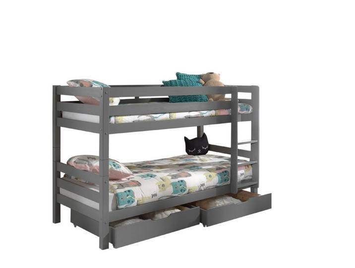 58 aufm Kessel Bettgestell Etagenbett + Schubladen Karolina 210x105x140 Hochbett Massivholz grau (inkl. Versand, Lieferung bis Verwendungsstelle), Liegefläche 2x 90x200, Absturzschutz, Bettschublade, Rolllattenrost
