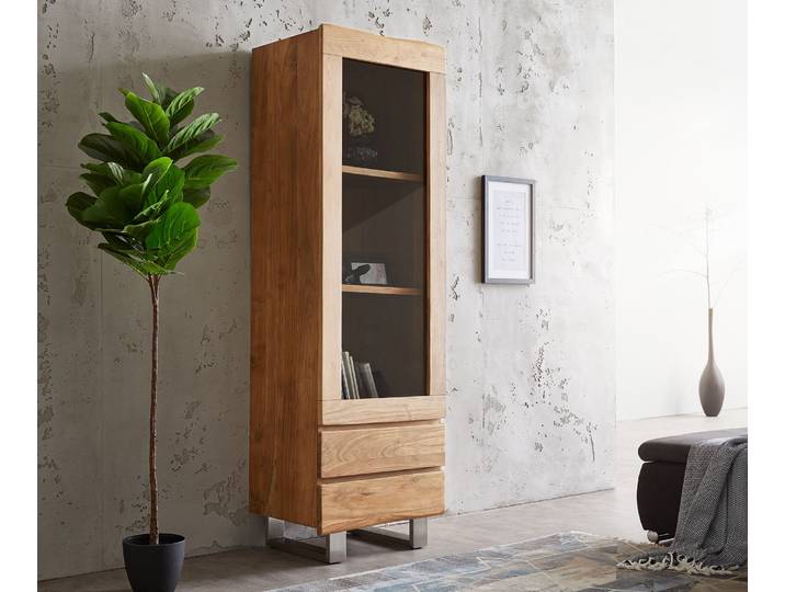 Vitrine Live-Edge 60x190 cm Akazie Natur Baumkante 1 Tür 2 Schubladen Massiv, Vitrinen, Baumkantenmöbel, Massivholzmöbel, Massivholz