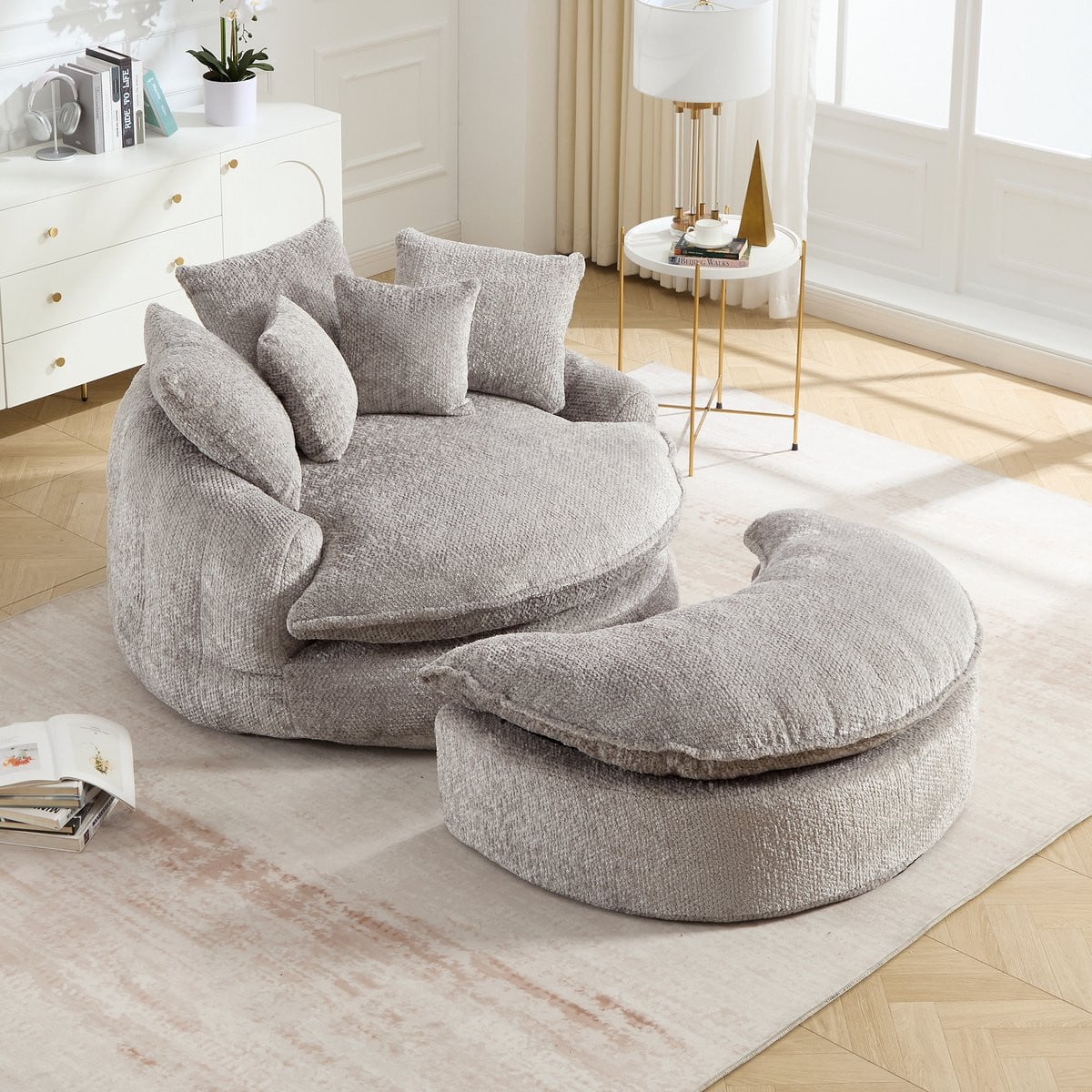 STILVORA Ronde Loungefauteuil met Hocker en Kussens, Lichtgrijs Polyester, Diameter: 190,5 cm