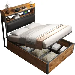 Bett 90x200 cm mit hydraulischem Stauraum, USB-Anschlüssen und Retro-Holz-Metall-Design – multifunktional Schwarz