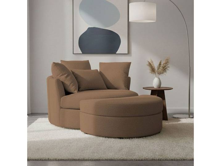 Fauteuil rond loveuse pivotante + coffre en tissu texturé marron