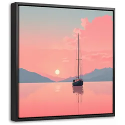 LEINWAND Bilder mit Rahmen - Segelboot - Rosa Meer - Sonnenuntergang - Berge - 20x20