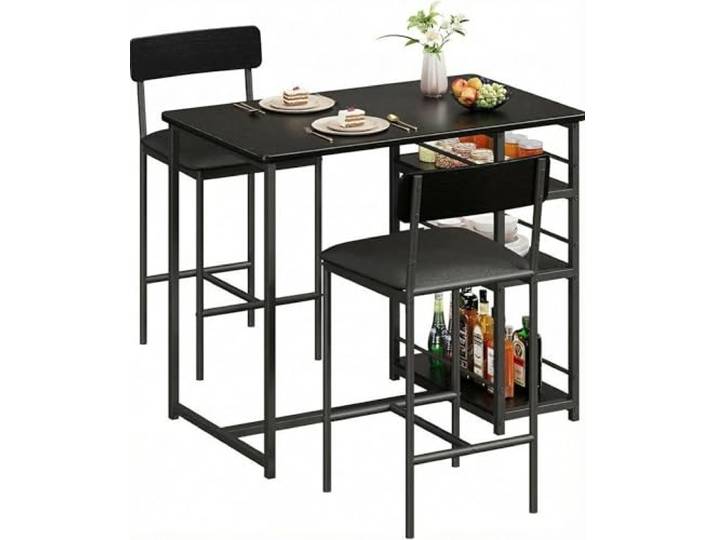 Crevyteg Bartisch Mit Barhocker Set, Esstisch Set Für 2 Personen Mit 3 Ablageflächen, Gepolsterte Barstühle, Platzsparendes Küchentisch Set Für Kleine Räume, Küche, Wohnung, Frühstückstheke, Schwarz
