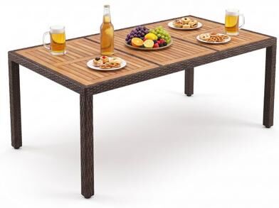 "Costway 75"" Rattan Patio Dining Table Acacia Wood Table for 8 People"