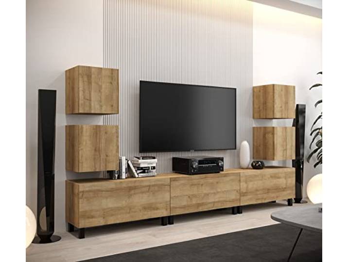 Furnitech Wohnwand Wohnzimmer Wohnzimmer Möbel mit LED RGB - 16 Farben Hängend Wohnwand Modern Wohnzimmer Schrankwand mit Regale und TV Schrank (AN107-21DZ-M6)