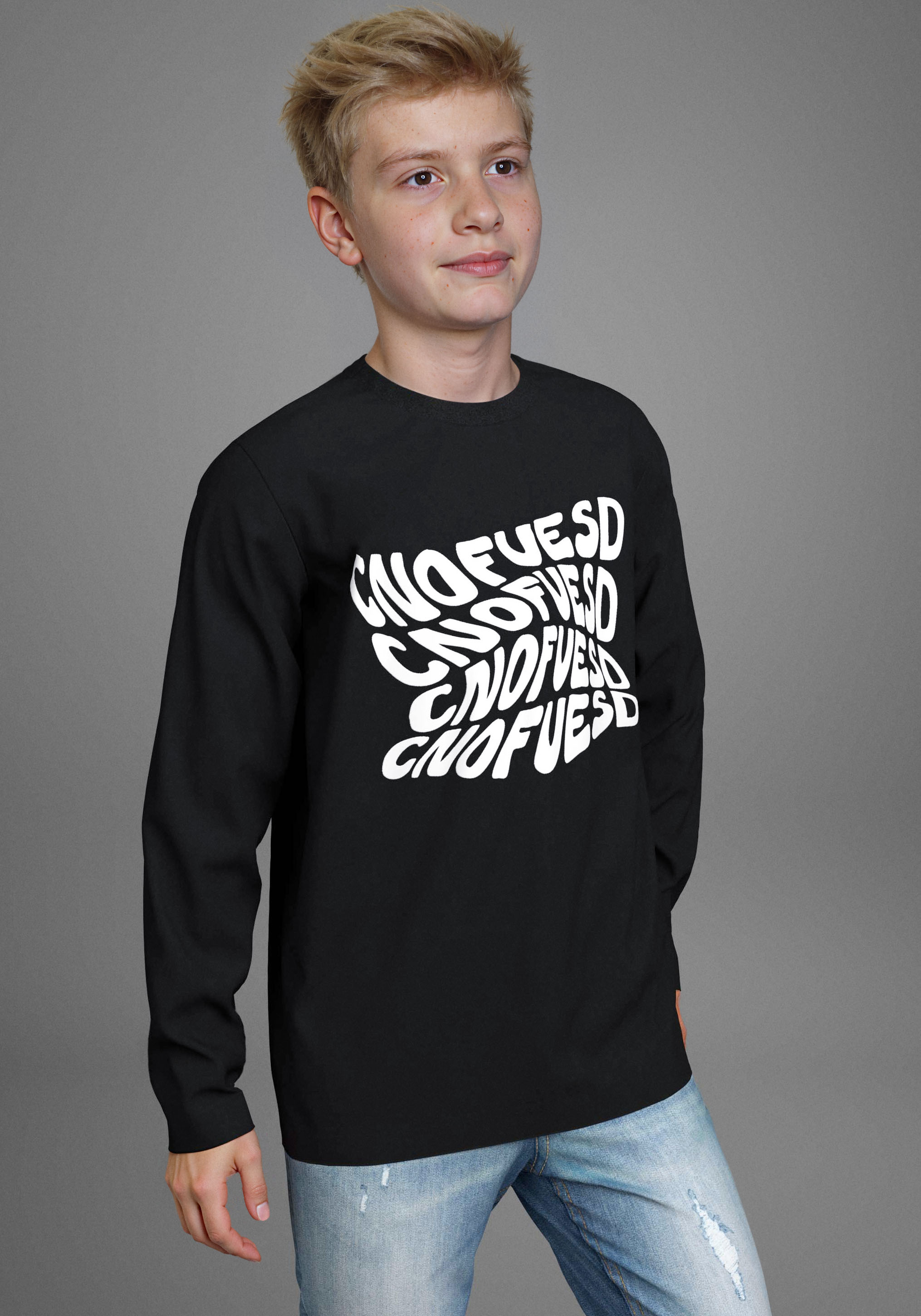 Langarmshirt KIDSWORLD "Spruch: CONFUESED", Jungen, Gr. 152/158, schwarz, Single Jersey, Obermaterial: 100% Baumwolle, bedruckt, Basic hüftlang, Rundhals, Shirts Langarmshirt, Sprücheshirt, immer einen lässigen Spruch schwarz 152/158