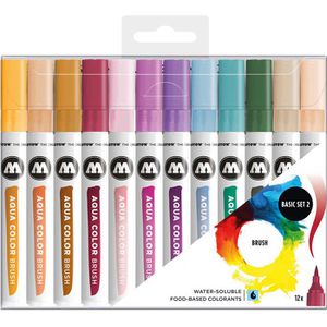 Molotow Aquarellstifte Aqua Color Brush Basic Set 2, farbig sortiert, helle Farbpalette, 12 Stück