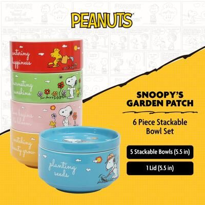 "Peanuts Snoopy 6 Pack Stackable 5.5"" Decorated Stoneware Bowl Set W/ Plate"