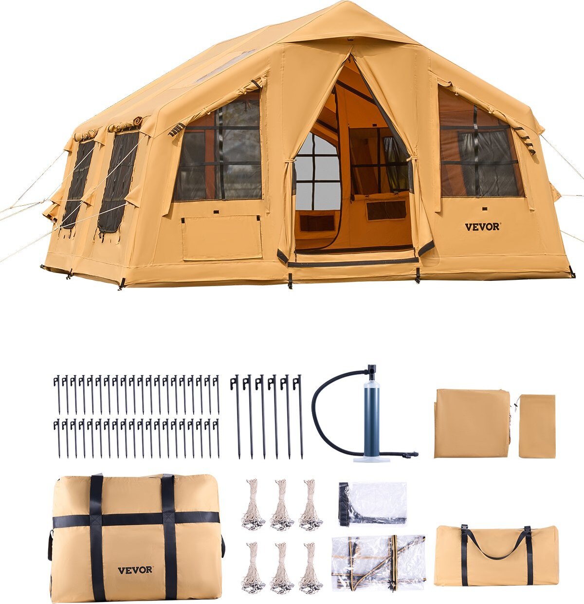 Aufblasbares Zelt für Camping 8-12 Personen mit Handpumpe, 4,8x3,6x2,2 m Glamping-Zelt mit 2 Oberlichtern, Baldachin, Ofenanschluss, 2 Türen & Netzfenstern, Aufbewahrungstasche
