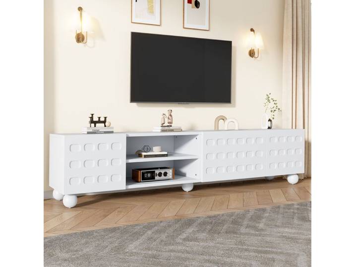 Meuble TV 200*40*44cm Armoire TV Armoire à 3 portes d'armoire avec design imprimé Support de télévision de 200 cm Blanc